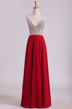Load image into Gallery viewer, 2024 A Line V Neck Prom Dresses Chiffon With Beads And Slit Sweep Train