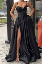 Load image into Gallery viewer, Black Spaghetti Straps Split Long Satin Prom Dress A Line Simple Long Formal SRSP5G4JRHJ
