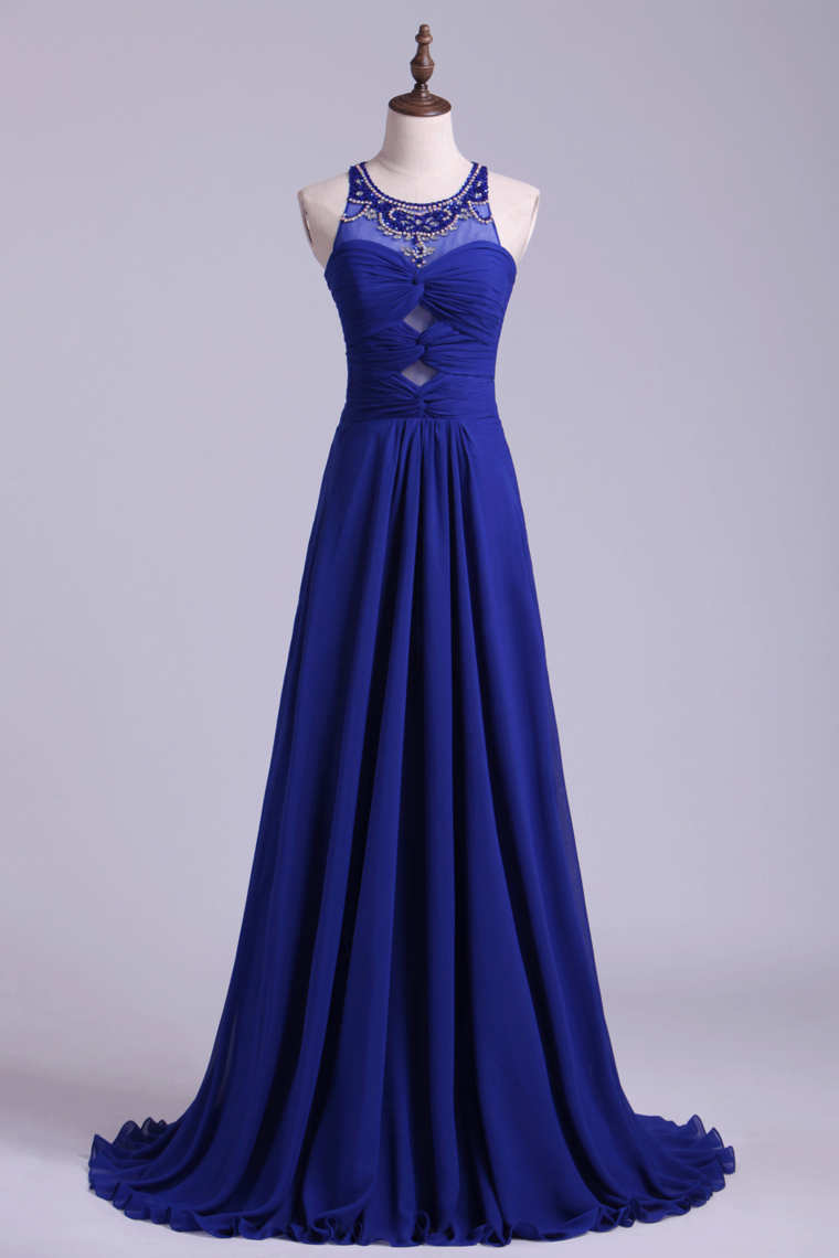 2024 Unique Dark Royal Blue Prom Dress Scoop A Line Chiffon With Beads&Ruffles