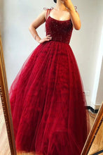 Load image into Gallery viewer, A-Line Burgundy Tulle Beaded Spaghetti Straps Scoop Long Prom SRS15618
