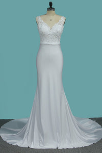 2024 V Neck Open Back Spandex Wedding Dresses With Applique Mermaid