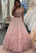Load image into Gallery viewer, 3D Floral Junior Off the Shoulder Prom Dresses Lace Two Piece Pink Lace Prom Gowns P1116