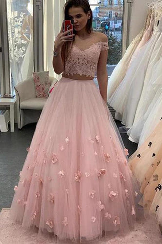 3D Floral Junior Off the Shoulder Prom Dresses Lace Two Piece Pink Lace Prom Gowns P1116