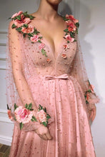 Load image into Gallery viewer, 3D Floral Long Sleeve Pink Prom Dresses Pearl Beaded V Neck Formal Dresses RS377