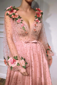 3D Floral Long Sleeve Pink Prom Dresses Pearl Beaded V Neck Formal Dresses RS377