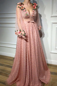 3D Floral Long Sleeve Pink Prom Dresses Pearl Beaded V Neck Formal Dresses RS377