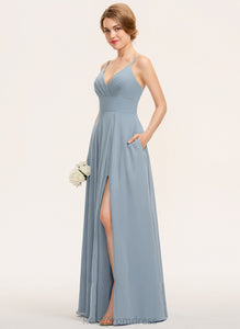 Silhouette Neckline Ruffle Pockets Floor-Length V-neck A-Line Fabric Embellishment Length Alisa Sleeveless Bridesmaid Dresses