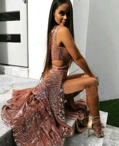2024 Charming Sexy Sequin Sparkly Simple Rose Gold and Black Split Fashion Prom Dresses RS452