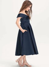 Load image into Gallery viewer, Yesenia With Satin Tea-Length Ruffle Pockets Off-the-Shoulder A-Line Junior Bridesmaid Dresses