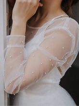Load image into Gallery viewer, A-Line/Princess Tulle Beading Scoop Long Sleeves Sweep/Brush Train Wedding Dresses