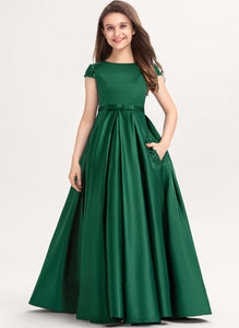 Neck Pockets Floor-Length Scoop Bow(s) Junior Bridesmaid Dresses Lace With Satin Ball-Gown/Princess Pamela