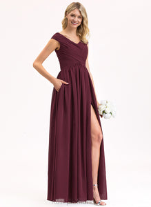 Neckline Off-the-Shoulder Silhouette Fabric Pockets Embellishment Length Floor-Length SplitFront A-Line Ruffle Sara Bridesmaid Dresses