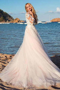 Tulle Scoop Neckline Pink A-line Lace Appliques Long Sleeves Bowknot Wedding Dresses RS311