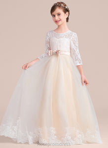 Ball-Gown/Princess Scoop Sash Beading Allyson Junior Bridesmaid Dresses Lace Tulle Floor-Length Bow(s) Neck With