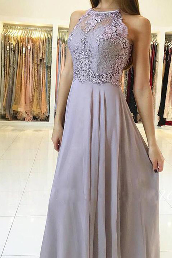 Elegant High Neck Open Back Sleeveless With Lace Appliques Prom Dresses