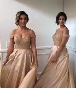 2024 Off-the-Shoulder Sweetheart Long Pink A-Line Beads Open Back Bridesmaid Dresses RS594