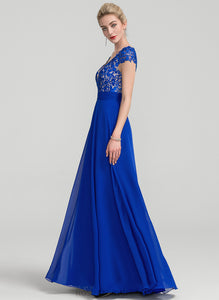 A-Line Lorna Ruffle With Floor-Length Chiffon V-neck Lace Prom Dresses