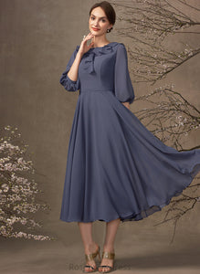 A-Line Ruffles Mother With Dress Tea-Length Mother of the Bride Dresses Cascading the Bride Yuliana Scoop Chiffon of Neck