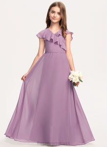 With Junior Bridesmaid Dresses A-Line Ruffles Floor-Length Bow(s) Cascading Chiffon Cloe V-neck