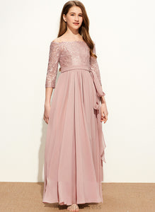 With A-Line Floor-Length Corinne Junior Bridesmaid Dresses Chiffon Lace Off-the-Shoulder Bow(s)