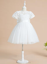 Load image into Gallery viewer, - Short Anastasia Girl Tulle/Lace Dress Flower Bow(s) With A-Line Knee-length Scoop Sleeves Neck Flower Girl Dresses