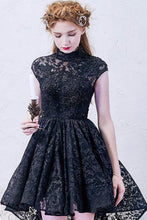 Load image into Gallery viewer, A-line High Neck Asymmetrical Lace Black Open Back High Low Modern Prom Dresses RS778
