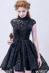 A-line High Neck Asymmetrical Lace Black Open Back High Low Modern Prom Dresses RS778