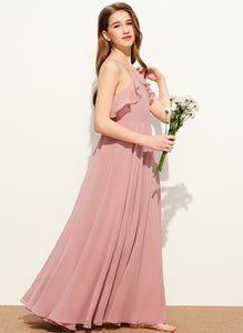 Floor-Length Sanai Ruffles Junior Bridesmaid Dresses Square Cascading Chiffon With A-Line Neckline