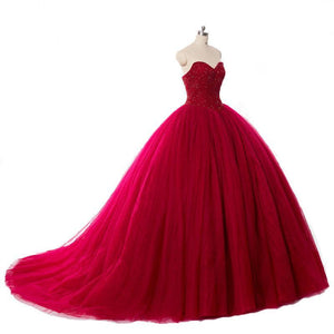 New Style Red Tulle Lace up Sweetheart Strapless Beads Ball Gown Prom Quinceanera Dress RS512