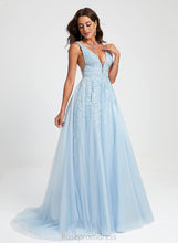Load image into Gallery viewer, V-neck Ball-Gown/Princess Lace Sweep Gill Beading Train Prom Dresses With Tulle
