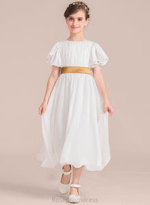 Chiffon Courtney Neck Ruffle Sash With A-Line Tea-Length Junior Bridesmaid Dresses Scoop