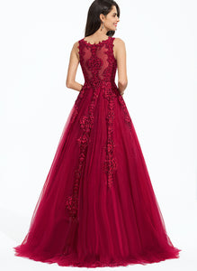 Prom Dresses Sweep Ball-Gown/Princess Scoop Beading Tulle Train Lace Caroline With