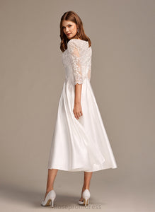 A-Line Dress Scoop Wedding Dresses Lace Dayanara Wedding Tea-Length Satin