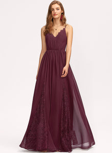 Neckline Straps Length A-Line Fabric Silhouette Lace V-neck Floor-Length Kaelyn Sleeveless Spaghetti Staps Bridesmaid Dresses