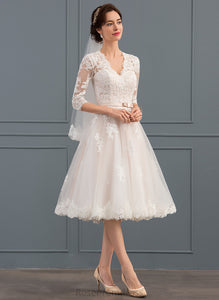V-neck A-Line With Bow(s) Tulle Lace Dress Wedding Dresses Anabella Knee-Length Wedding