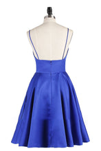 Load image into Gallery viewer, A Line Spaghetti Straps Royal Blue V Neck Backless Satin Knee Length Homecoming Dresses RS838