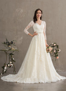 Beading Chapel Train Ball-Gown/Princess With Wedding Tulle Dress Makayla V-neck Sequins Wedding Dresses