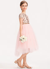 Load image into Gallery viewer, Junior Bridesmaid Dresses Tulle With A-Line Sequins Asymmetrical Elyse Neck Scoop