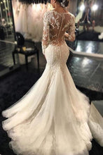 Load image into Gallery viewer, Long Sleeves Court Train Ivory V-Neck Mermaid Tulle Wedding Dress With Lace Appliques RS64