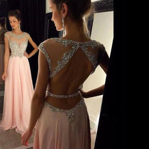 Backless Beaded Blush Pink Long Sexy Open Back Cap Sleeve Scoop Prom Dresses RS964