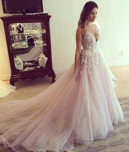 Gorgeous A-line Tulle Long Bridal Gowns Deep V-Neck Wedding Dresses RS184