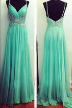 Load image into Gallery viewer, Blue Chiffon Cheap V-Neck Open Back Spaghetti Straps A-Line Long Prom Dresses BD0407