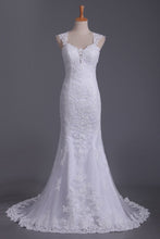 Load image into Gallery viewer, 2024 Straps Wedding Dresses Mermaid/Trumpet With Applique Tulle Court Train Open Back