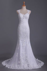 2024 Straps Wedding Dresses Mermaid/Trumpet With Applique Tulle Court Train Open Back