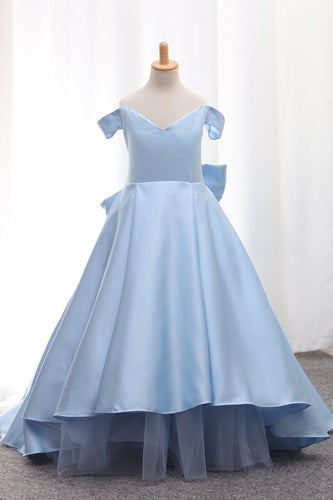 2023 Satin A Line Off The Shoulder Asymmetrical Flower Girl Dresses With Bow Knot