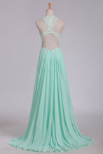 Load image into Gallery viewer, 2024 See-Through Scoop A Line Chiffon Prom Dresses With Applique Floor Length