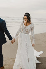 Load image into Gallery viewer, Charming A Line Long Sleeves V Neck Lace Ivory Beach Wedding Dresses, Bridal SRS20395