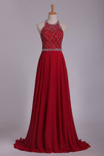 Load image into Gallery viewer, 2024 Halter A Line Prom Dresses Beaded Bodice Sweep Train Chiffon &amp; Tulle Open Back