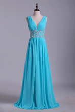 Load image into Gallery viewer, 2024 Straps A Line Prom Dresses Chiffon With Applique &amp; Ruffles Floor Length