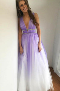 Pretty Omber Tulle Long V-Neck Purple Prom Dresses Flowy Party Dresses